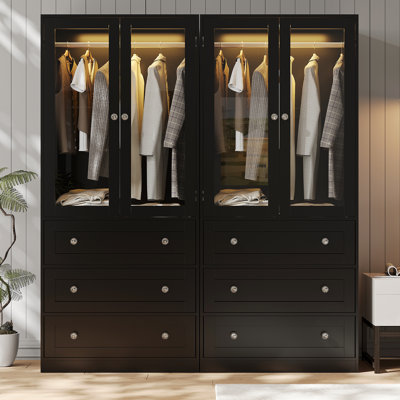 Wardrobe Closet With Drawers And Light, 75" Armoire With Hanging Rod, 2 Doors Wooden Wardrobe Cabinet For Bedroom