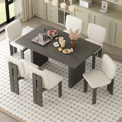 Ensemble de salle à manger 7 pièces 7 pièces, 1 table rectangulaire avec base à tréteaux et 6 chaises rembourrées pour la salle à manger et la cuisine