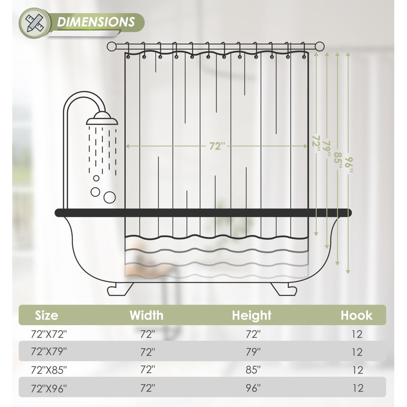 Rideau de douche de couleur unie avec 12 crochets en acier inoxydable inclus, Vert, H 96 po x l 72 po