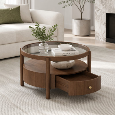 Solid Wood Round Glass Top Coffee Table with Storage Drawer