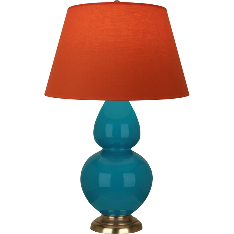 Lampe de table double gourde en céramique, Paon verni / laiton, Tangerine / doublure taupe, Laiton