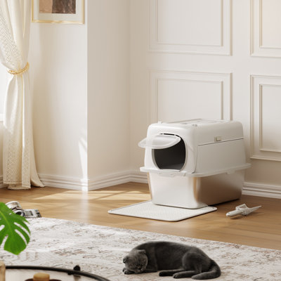 6in H Stainless Steel Litter Box with Lid, Large Enclosed Cat Box with High Sides, Odor Control & Scoop