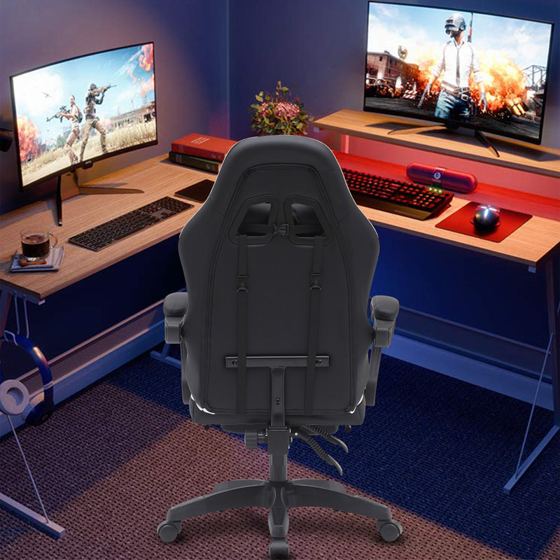 Ebern Designs Adjustable Reclining Ergonomic Faux Leather Swiveling PC & Racing Game Chair with Footrest, Black/White