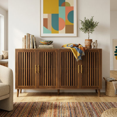 Sideboard Buffet Cabinet with Grille-Striped Doors and Adjustable Shelves