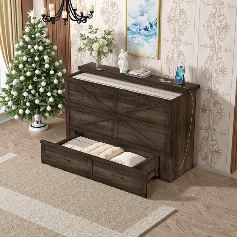 Queen Size Farmhouse Murphy Cabinet Bed With Foldable Platform Storage Drawer & Charging Station, Gray