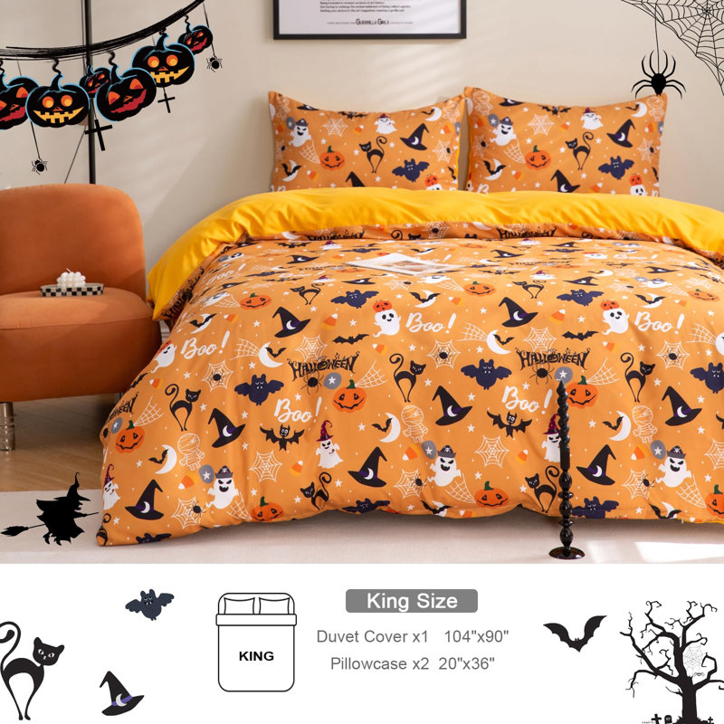 Literie trois pièces en microfibre douce, motif citrouille d'Halloween, avec taies d'oreiller, fermeture éclair invisible, orange.