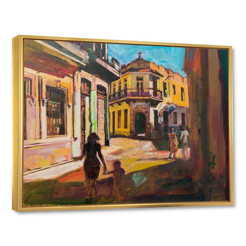 " Painting Representing Sightseeing Tourists Walking ", 12" H x 20" W x 1" D, Gold Floater Framed Canvas