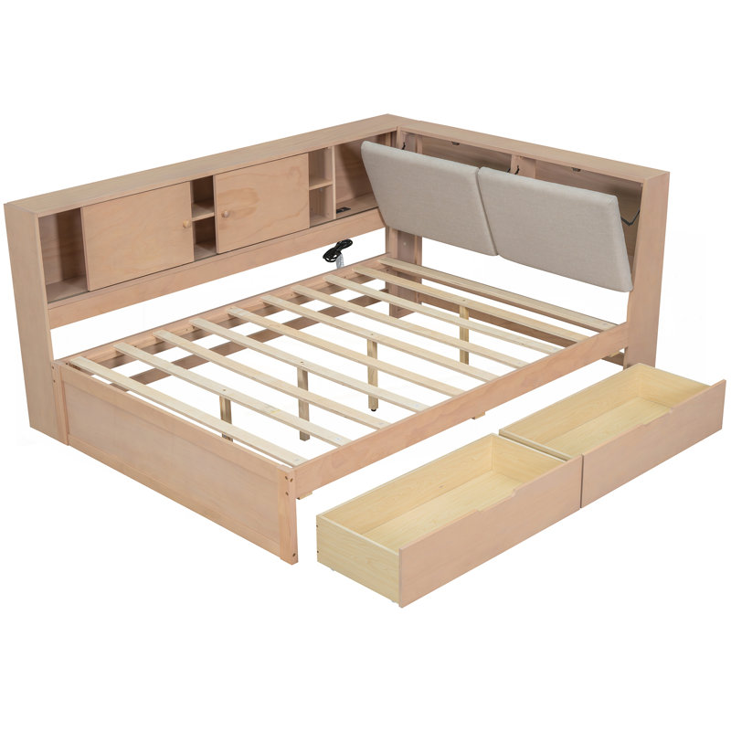 L-shaped Daybed Corner Bed Under-bed Drawers with Storage Bookcase, Natural, Full