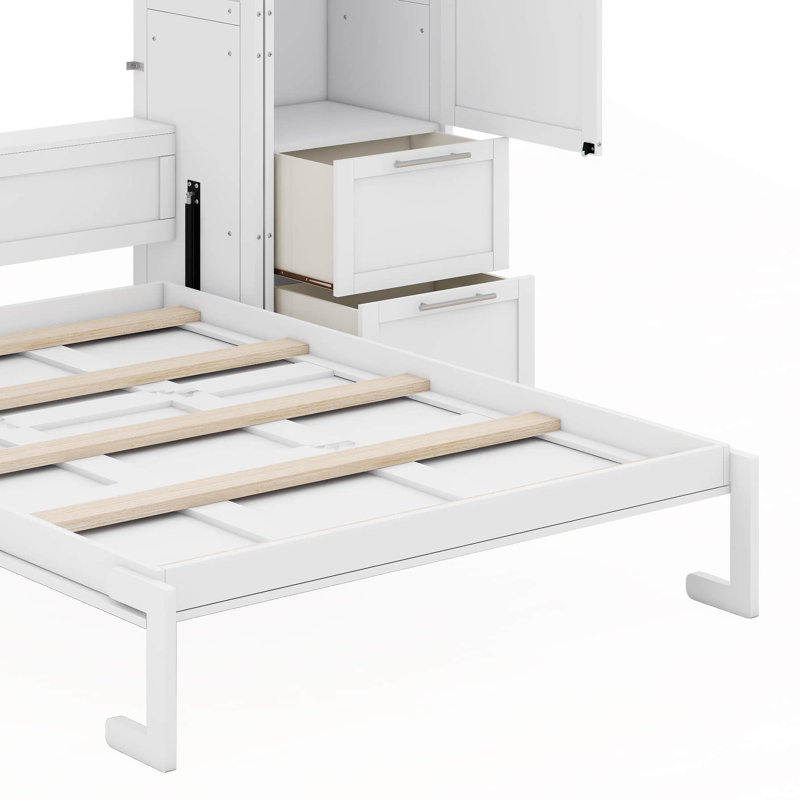 Grand lit escamotable mural avec tablettes, Blanc