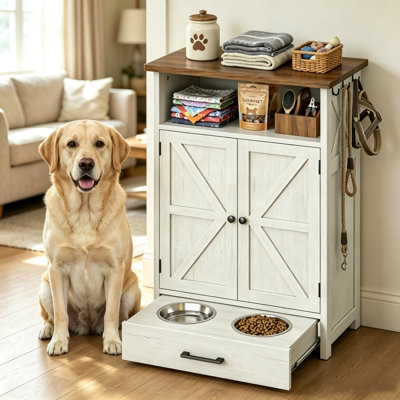 Station d'alimentation pour chien surélevée avec armoire de rangement, tiroir coulissant pour bol et crochets latéraux. Armoire de rangement multifonctionnelle pour aliments pour animaux.