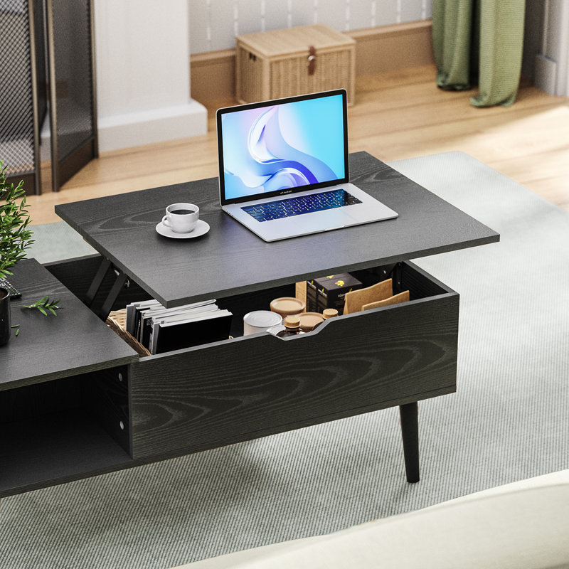Table basse à plateau relevable, multifonction 4-en-1 et grande table basse avec rangement, Noir, noir, noir, noir