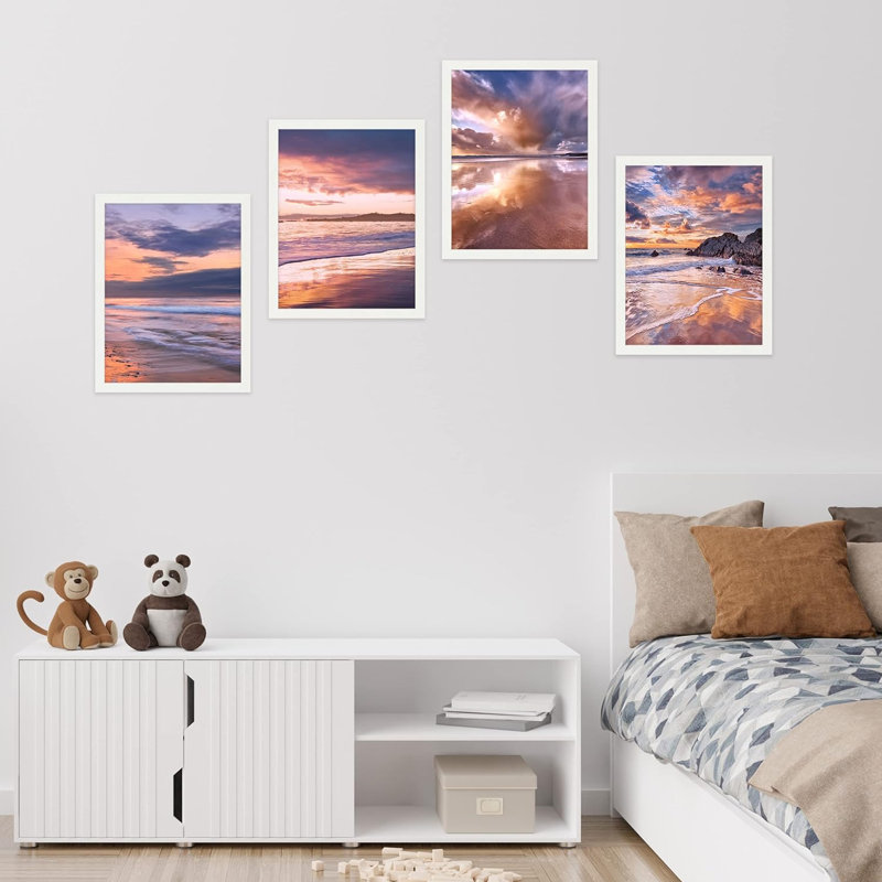 «Vibrant Purple Sunset Beach Shore Horizon», ensemble de 4 décorations murales colorées, impression encadrée sur papier, 4 pièces