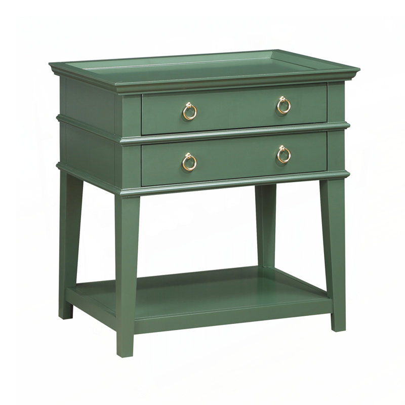Table de chevet à 2 tiroirs avec tablette ouverte, finition vert rétro et poignées en anneau brossé doré pour un rangement élégant au chevet