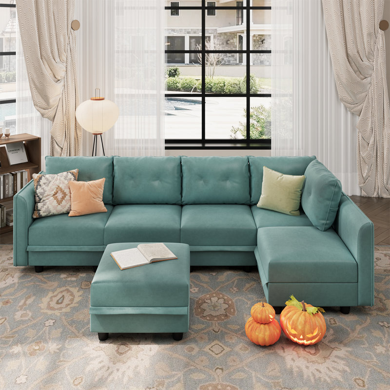 Canapé modulaire réversible avec repose-pieds Bresee, Similicuir bleu sarcelle, H 34 po x l 112 po x P 56 po