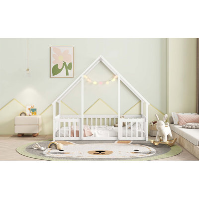 Wood House-Shaped Floor Bed with Fence,Guardrails