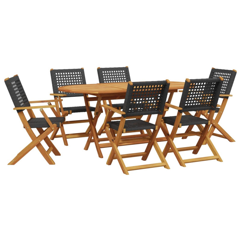 7 Piece Garden Dining Set Poly Rattan And Solid Wood, Black