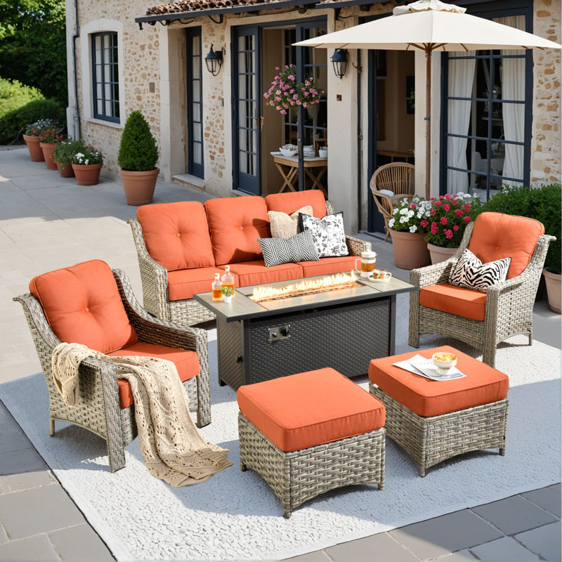 Outdoor Rattan Patio Furniture Set Of 6 With Cushions And Fire Table, Drak Red
