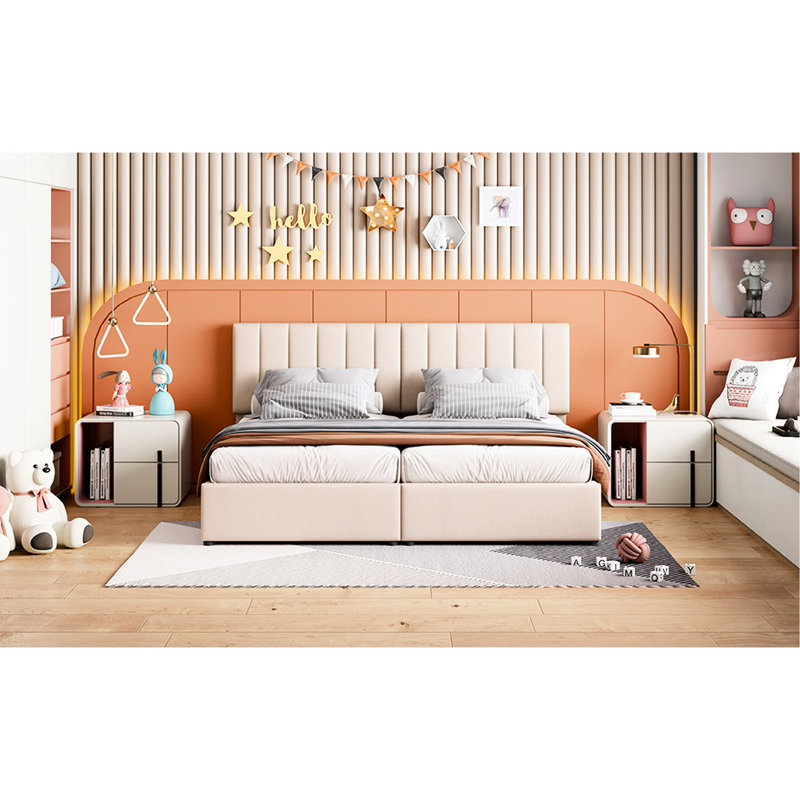 Lit plateforme très grand beige avec rangement rembourré hydraulique efficace