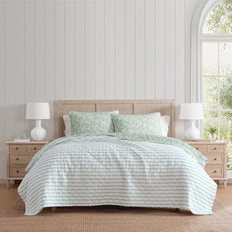 Ensemble de courtepointe en coton vert Martha Martha, Courtepointe pour grand lit + 2 taies décoratives