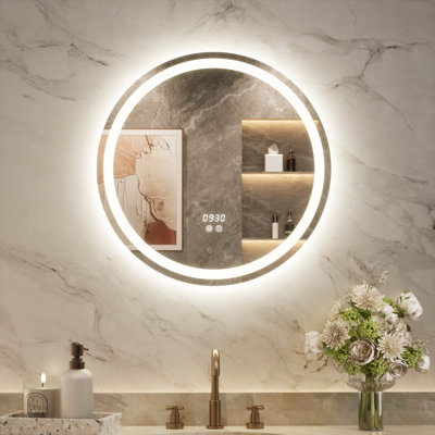 Round Front & Back LED Bathroom Mirror with Clock, 3-Color Temperature, Anti-Fog, UL Certified, Tempered Glass