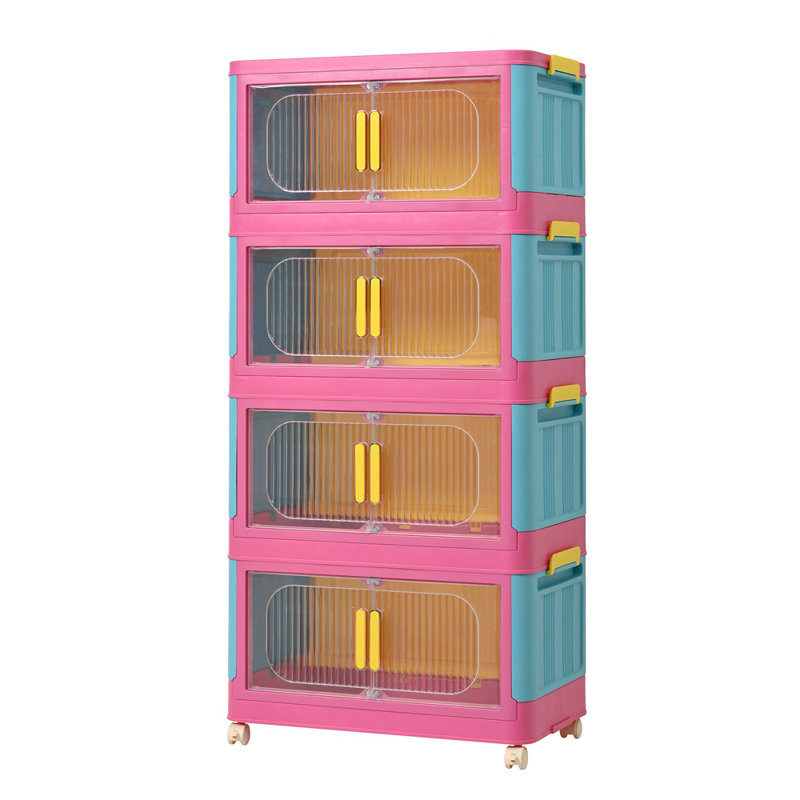 Happy Color, 20" Side Wide Folding Storage Cabinet ,4 Tiers,19.69"×11.81"×40.55",Collapsible Storage Bins With Magnetic Door, Plastic Storage Cabinet With Wheels