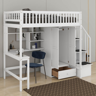 Lit mezzanine double avec bibliothèque, tiroirs, garde-robe et bureau