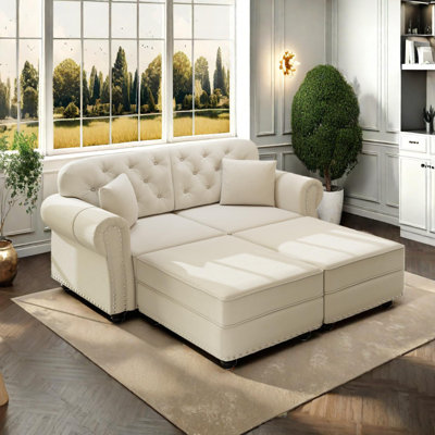 Canapé Chesterfield de 63 po en velours avec garniture cloutée et accoudoirs roulés