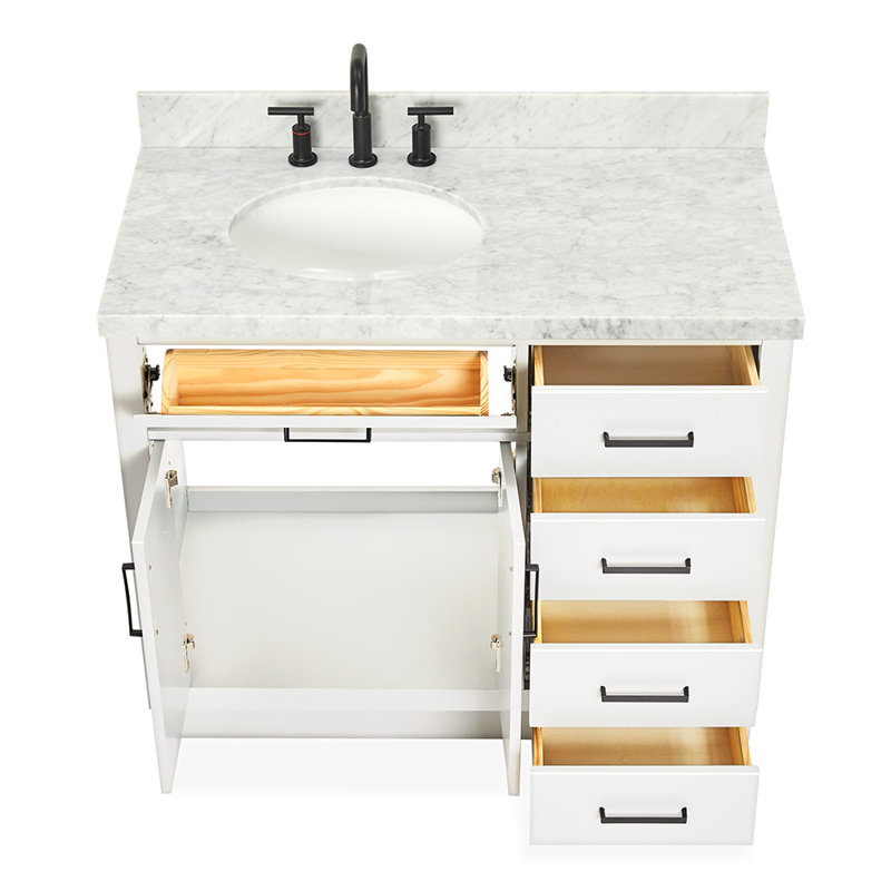 Meuble-lavabo simple en bois massif Tidworth de 42 po avec plateau en marbre de Carrare de 1,5 po, Gauche, Ovale, Blanc