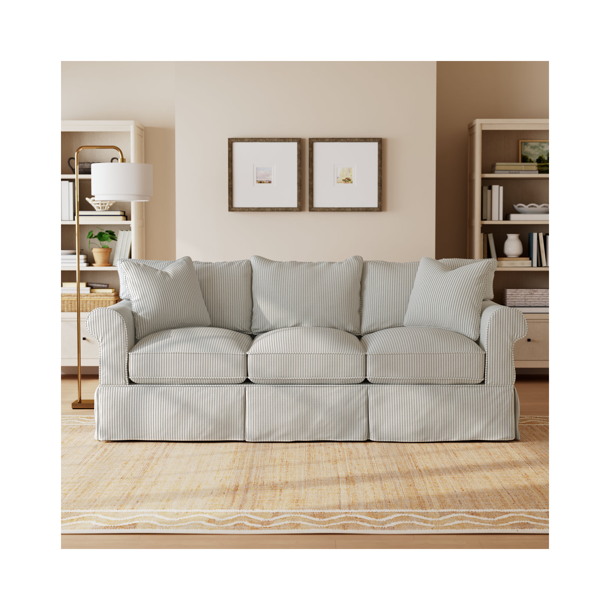 Amari 89'' Upholstered Sofa, Cruise Adrift Gray Striped Basketweave