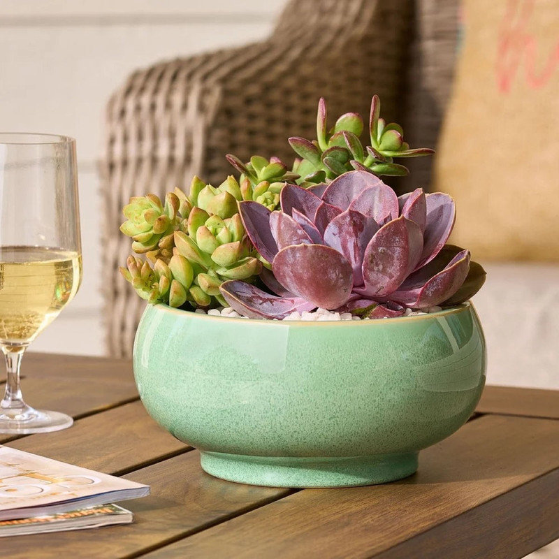 Green Reactive Glaze Ceramic Planter with Drainage for Tabletops