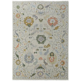 Karina Hand Knotted Wool Floral Area Rug in Gray/Light Blue/Ivory