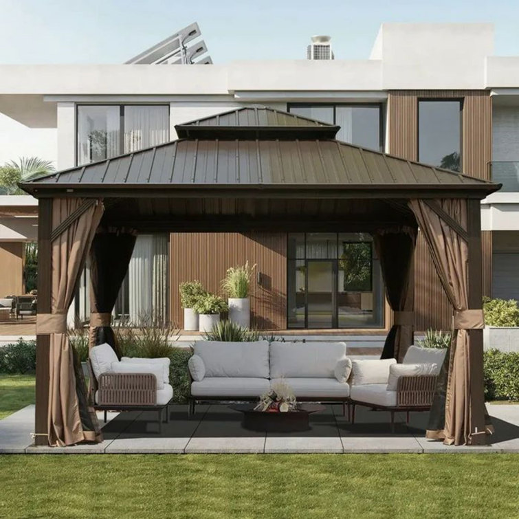 12 Ft. W x 12 Ft. D Galvanized Metal Patio Gazebo with Overhang Slope-Design Double Roof