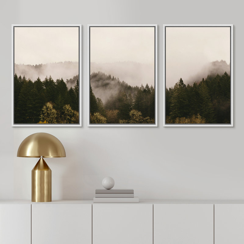 «Misty Forest Landscape Brown Mountain Nature Decor», reproduction de photo sur toile 3 pièces, H 36 po x l 24 po, Blanc