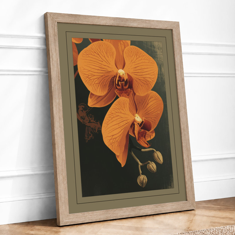 Orange Orchid Study Botanical - Framed Print, A1 - 84.1 x 59.4 cm, Oak
