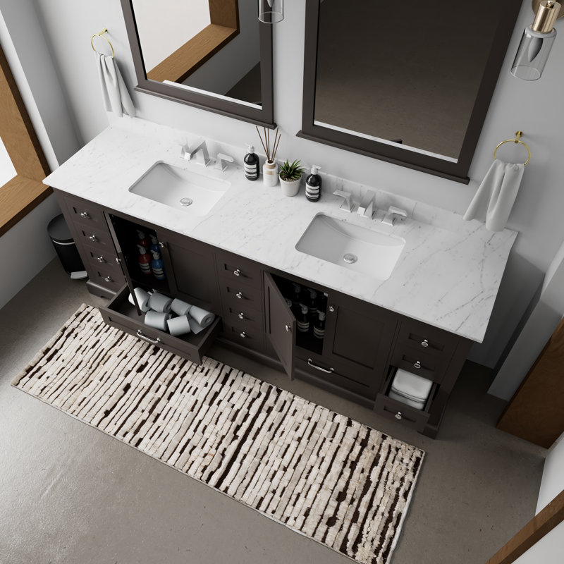 Ensemble de meuble-lavabo double 84 po Dukes, Espresso, Marbre de Carrare blanc
