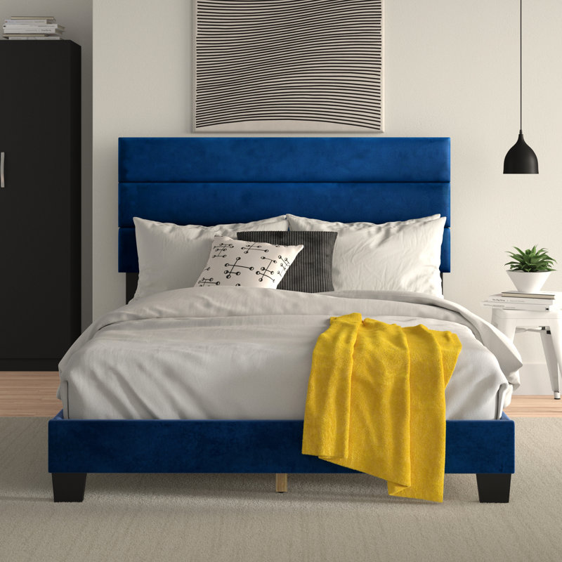 Hugley Upholstered Standard Bed, Navy Velvet, Queen