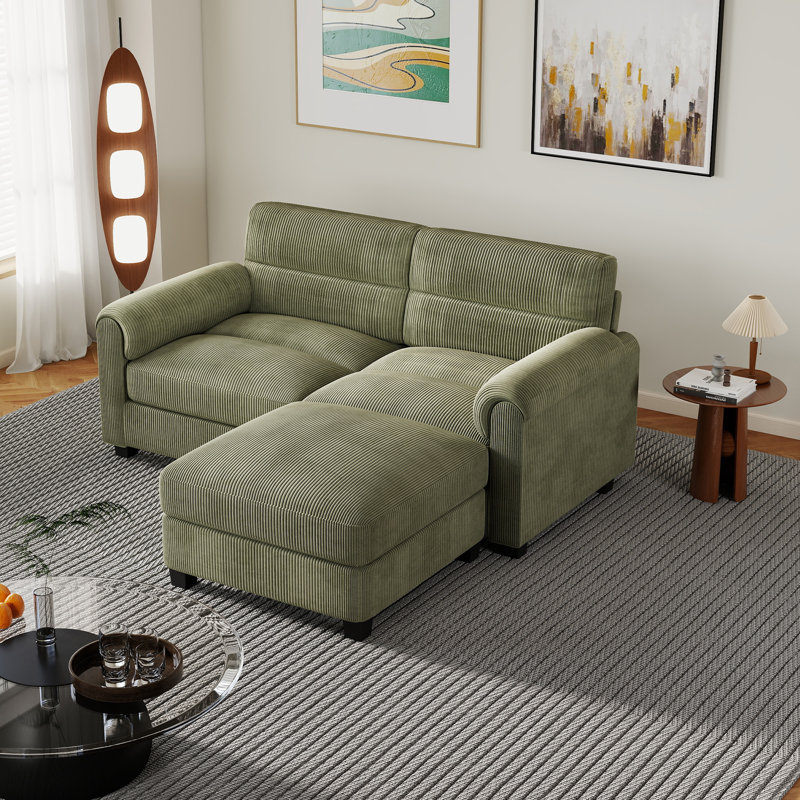 61.8'' Corduroy Upholstered Modular Loveseat Sofa With Ottomans & Adjustable Pillowtop Arm, Green