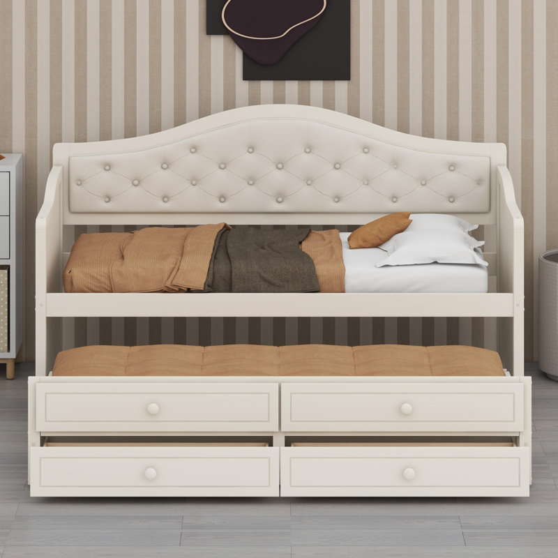 Multi-Functional Daybed with Trundle, Drawer Storage, and Tufted Design for Living Spaces, Beige