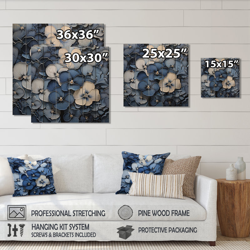 Blue Blue Pansies In The Shadows I - Art sur bois de pin naturel, H 36 po x l 36 po