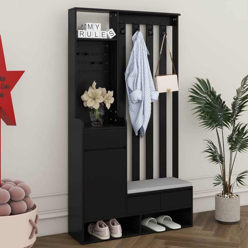 Arbre d'entrée polyvalent 6 en 1 avec banc de rangement rembourré, armoire à chaussures avec panneau perforé, portemanteau en bois avec 4 crochets