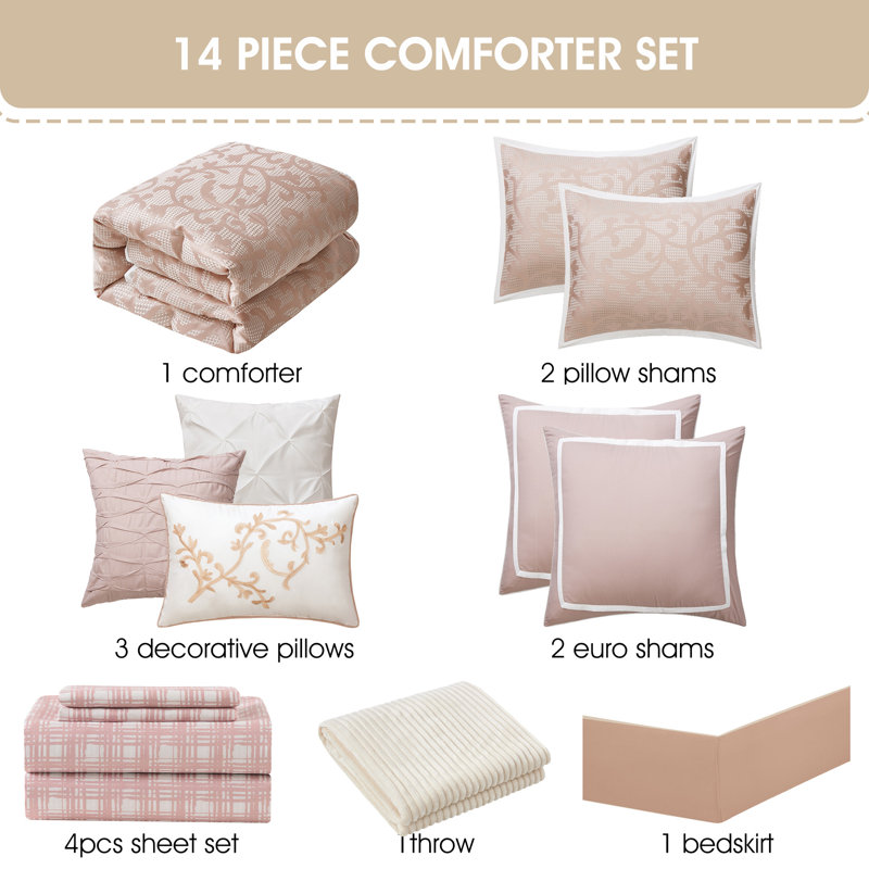 Ensemble d'édredon 14 pièces Janella, Édredon grand + 13 pièces supplémentaires, Rose