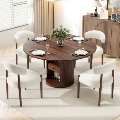Ensemble de table de salle à manger extensible 59 po en aggloméré noyer 59 po avec rangement à 2 niveaux et 4/6 chaises rembourrées en tissu Mid-Century, mobilier de salle à manger extensible sans rail pour la salle à manger de cuisine