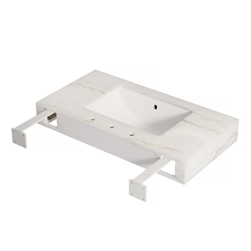 Comptoir LULA 36 po avec bordure en marbre blanc naturel, lavabo encastré en céramique avec 3 trous de robinetterie, sans robinetterie ni meuble, blanc