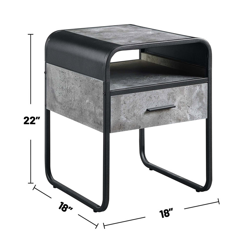Table de bout carrée moderne en béton gris et noir, structure en métal, 1/2 tiroir à extension, tablette ouverte, bords courbés, idéal pour une utilisation sur table de style industriel gris, un tiroir avec glissière latérale, compartiment