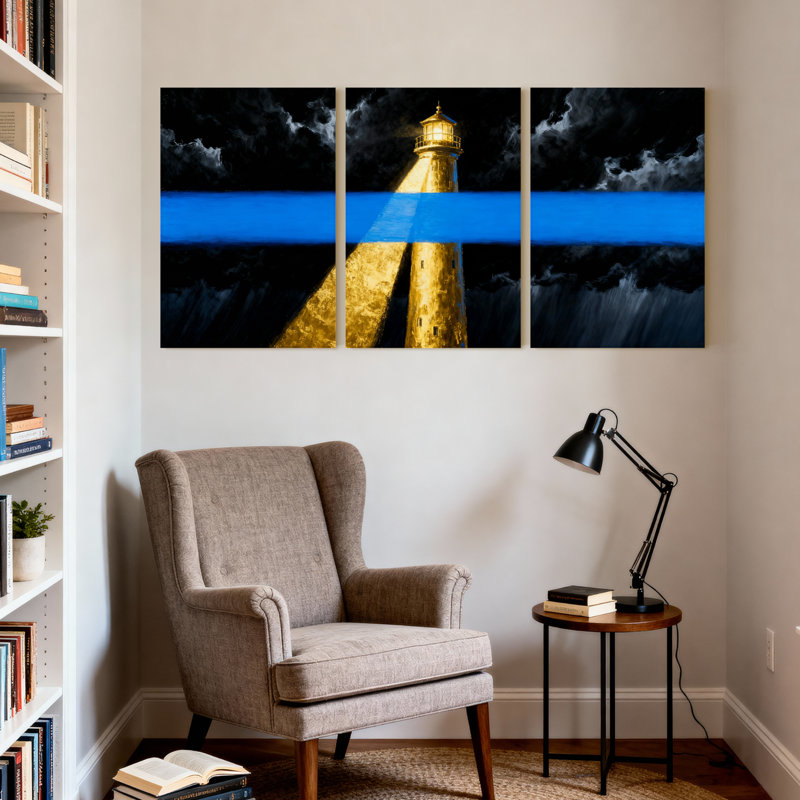 Phare, phare, ligne bleue, ciel nocturne, ensemble de 3 reproductions d'art sur toile, H 18 po x l 36 po
