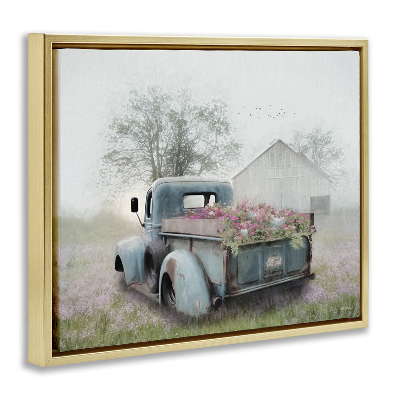 Camion brumeux avec cadre flottant fleurs, design par Lori Deiter, H 17 po x l 21 po, Cadre flottant métallique doré