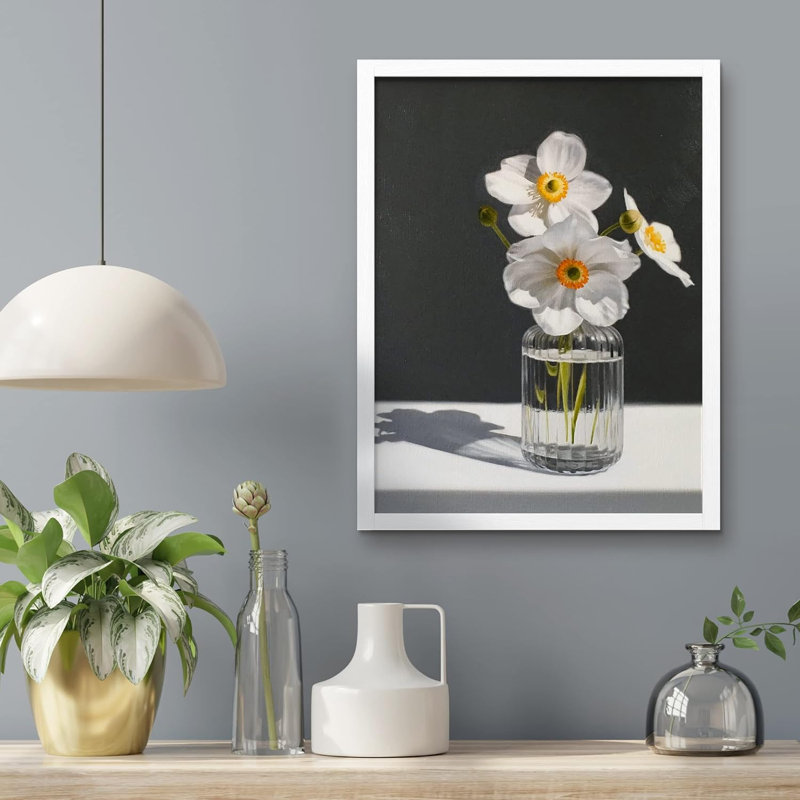 «White Gerbera Daisy Flower Glass Vase Wall Art Floral Botanical Prints Decor», œuvre d'art encadrée sur papier, Blanc