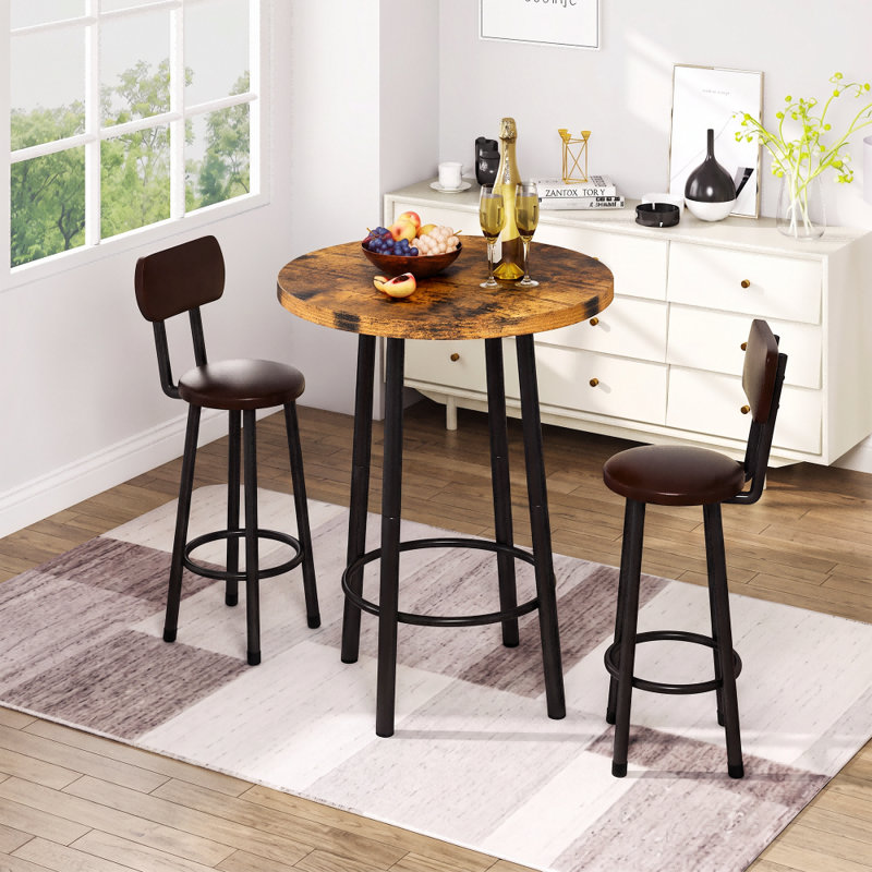 Ensemble de table de bar et tabourets 3 pièces, table ronde de style pub/bistro avec 2 tabourets de bar avec dossier, mobilier de salle à manger haut de style vintage pour cuisine, appartement, bar à domicile