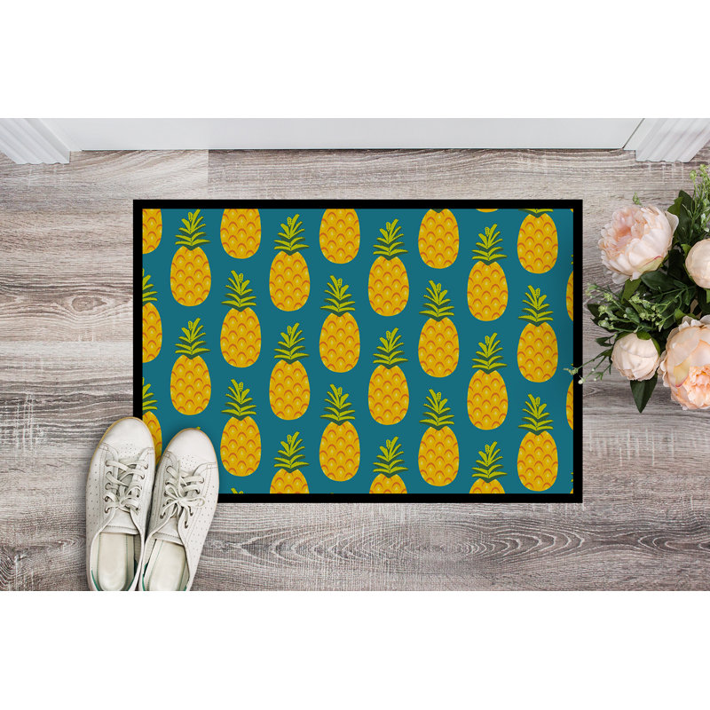 Tapis de porte d’extérieur anti-dérapant ananas, Bleu sarcelle, Rectangle 24 po x 36 po