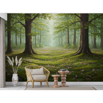 Forêt de printemps, papier peint, aquarelle, fleur de forêt, murale, automne, forêt, art mural pour chambre d'enfant ou salon
